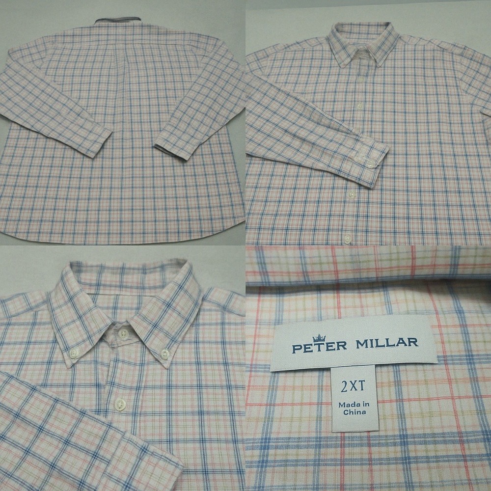 Peter Millar Shirt Men 2XL Tall Blue Cream Plaid Button Long Sleeve Trex Logo
